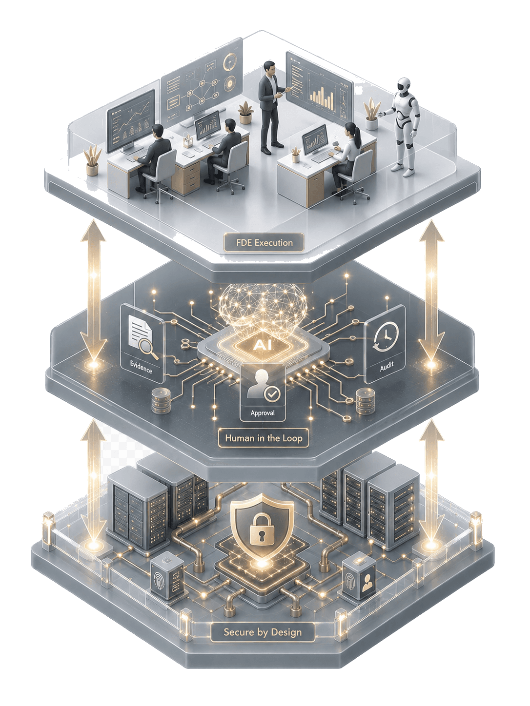 FDE Execution、Human in the Loop、Secure by Designの三層で企業AIの実装思想を示す概念図