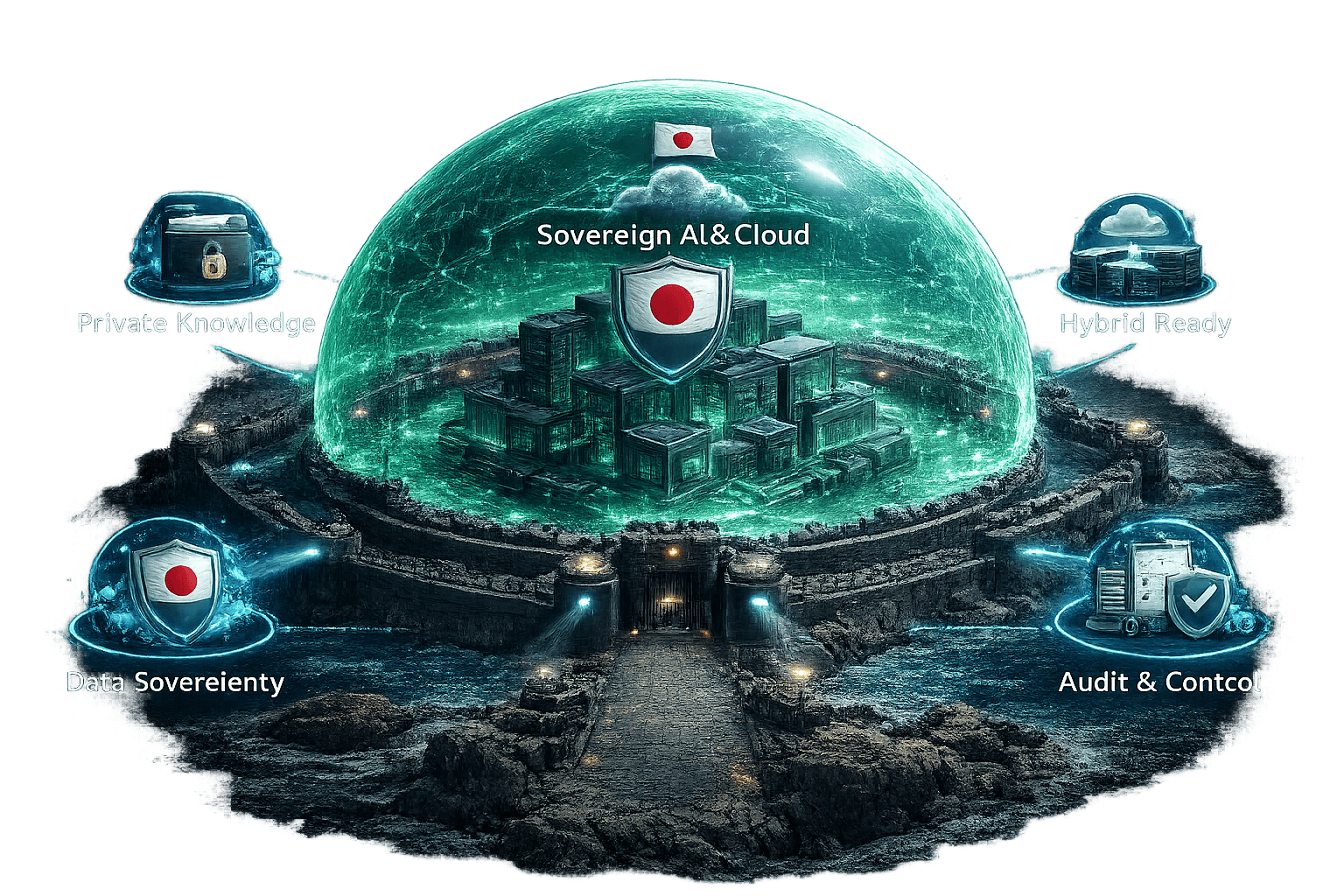 日本企業の機密データを守るSovereign AI and Cloudの概念図